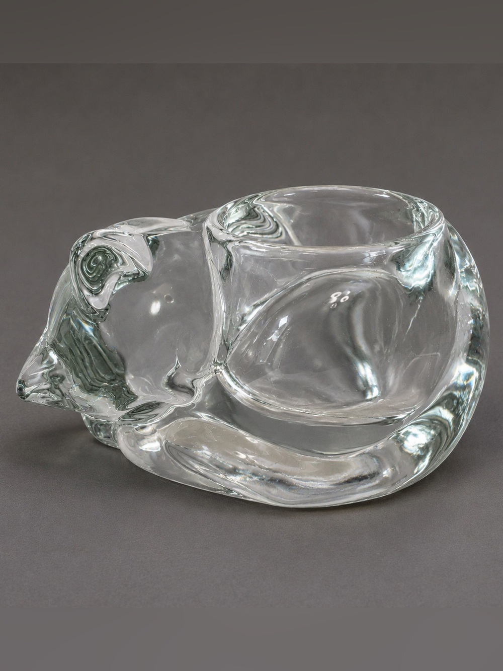 Vtg Indiana Glass Sleeping Cat Kitten Clear Glass Votive Candle Tealight Holder